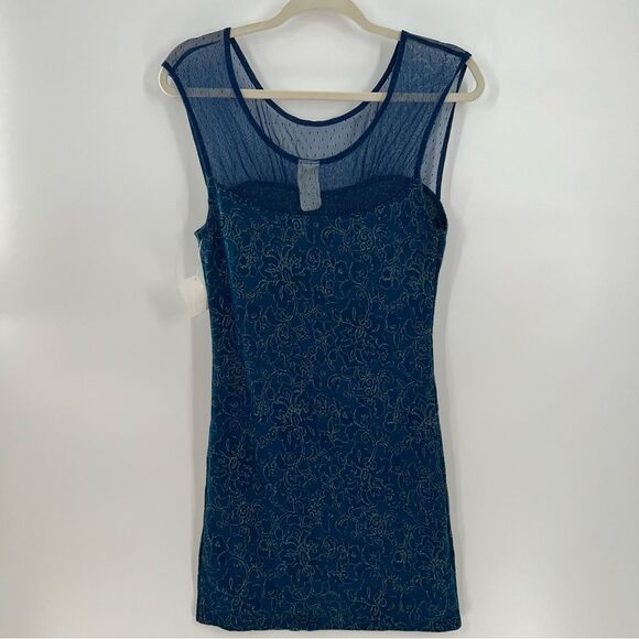 Free People Mini Dress in Blue w/Gold Metallic Floral Pattern Net @Neckline-Sz M - Picture 5 of 12